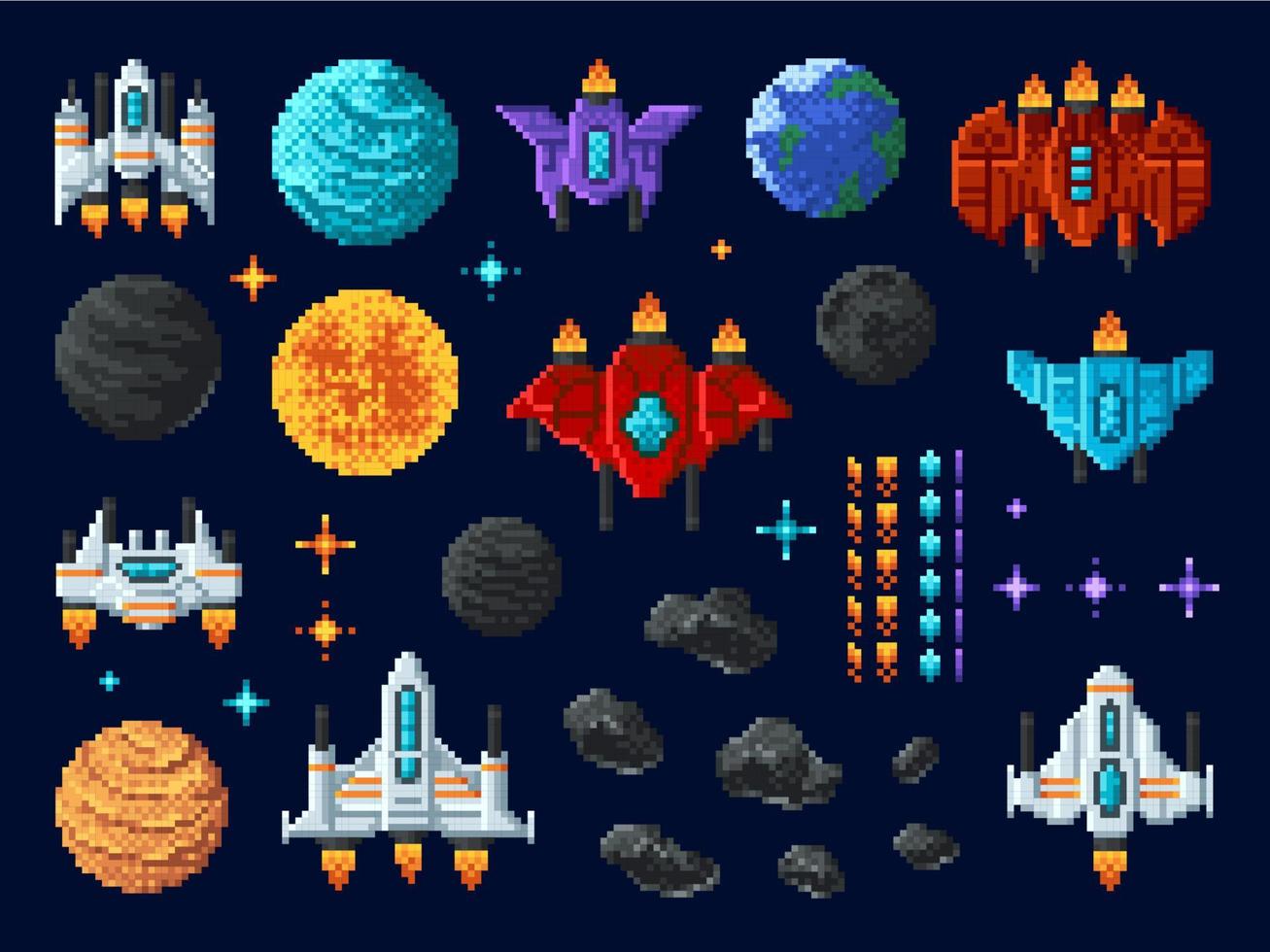 Arcade shooter 8 bit pixel art game space invaders vector