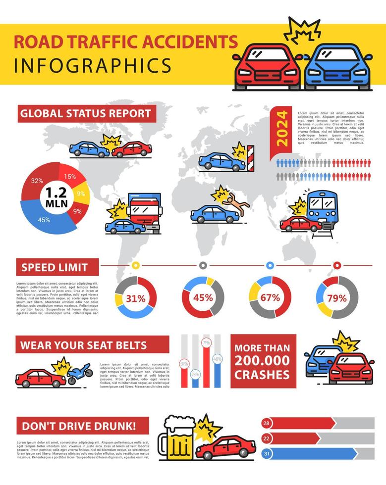 infografías de accidentes de tráfico, información de accidentes automovilísticos vector