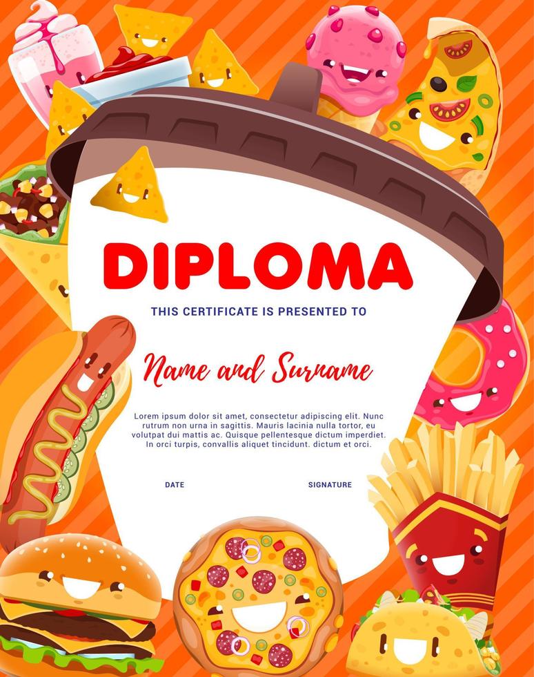 Kids diploma with cartoon fast food characters vector