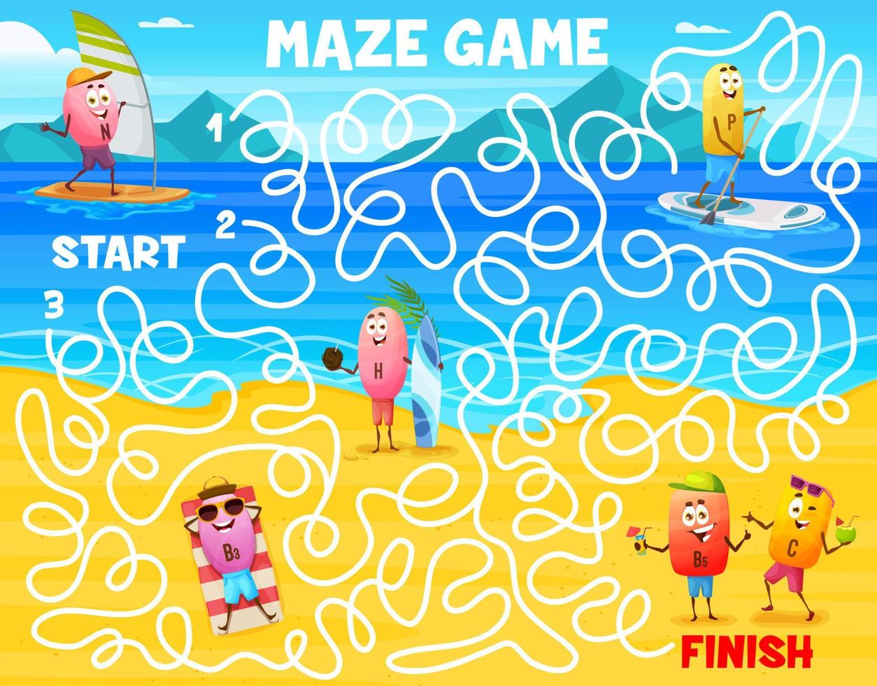 Labyrinth maze game, vitamins on beach vector