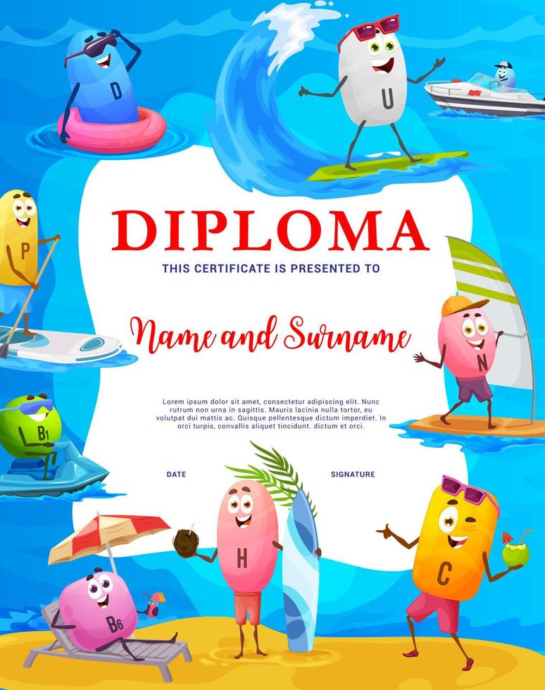 Kids diploma with vitamin characters on vacation vector