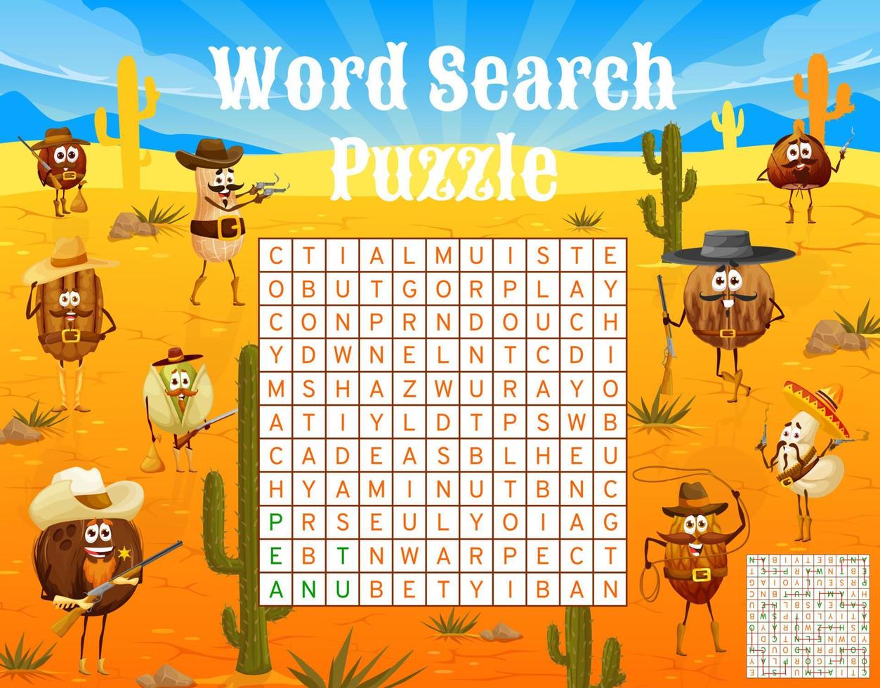 Word search puzzle game with wild west nut cowboys vector