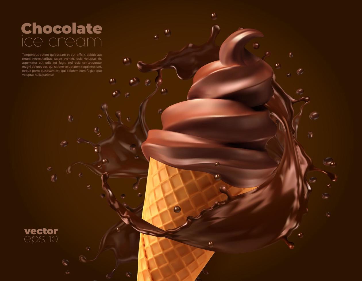 cono de oblea de postre de helado de chocolate con salpicadura vector