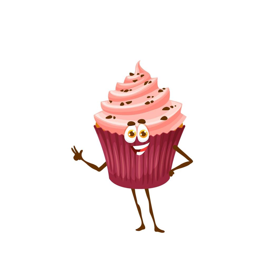 Cartoon cheerful raspberry cupcake character, pie vector