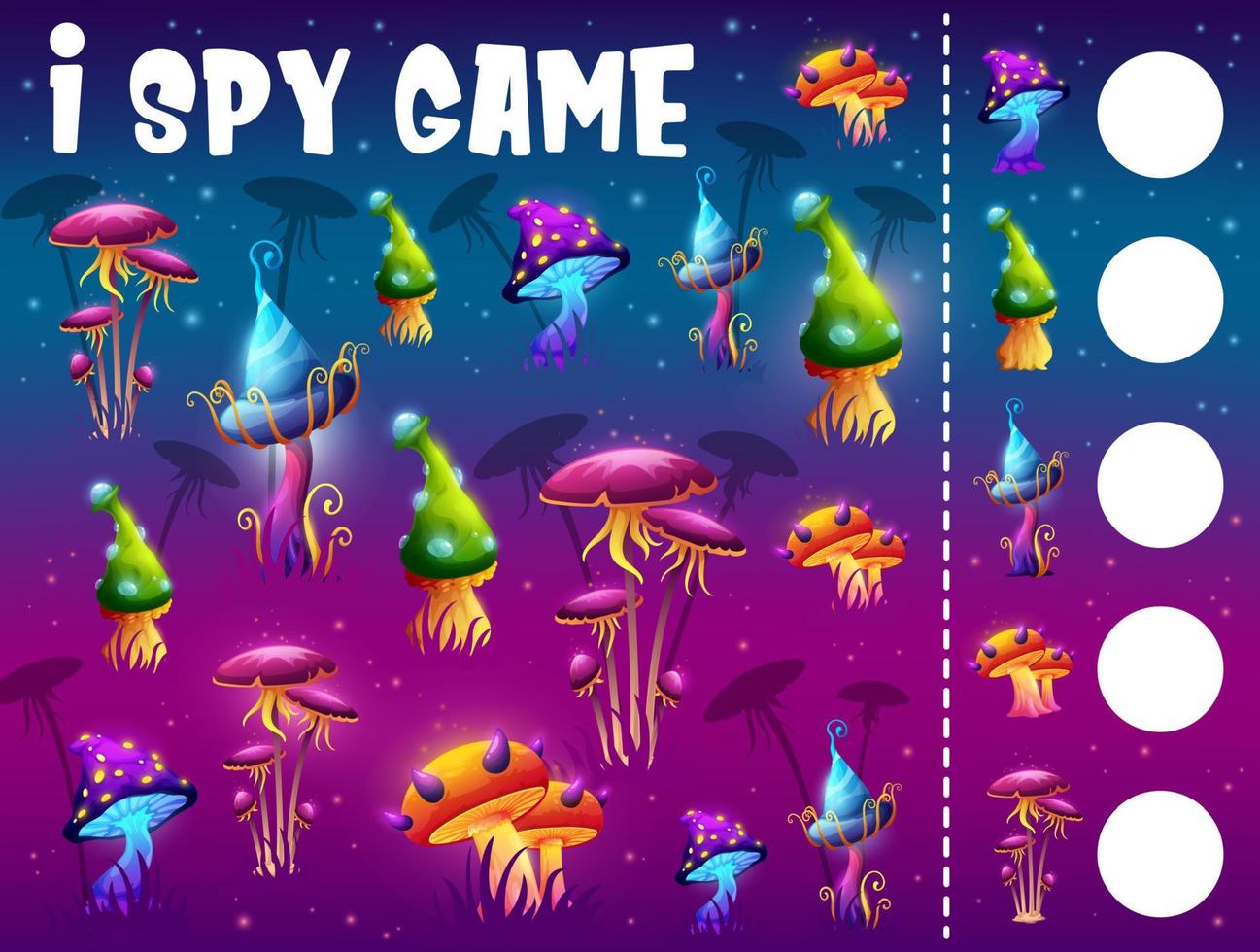 I spy game worksheet with luminous magic mushroom vector