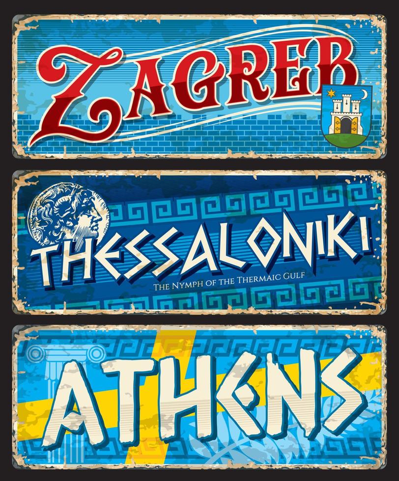 Zagreb, Athens, Thessaloniki city travel stickers vector