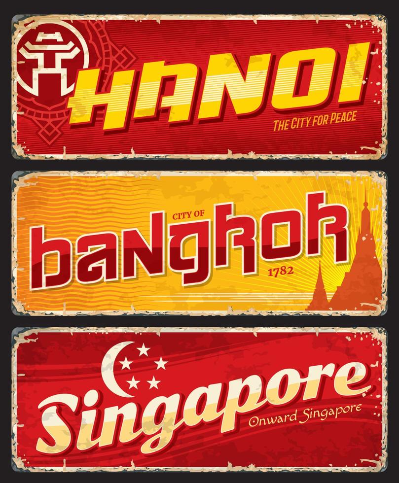 Hanoi, Bangkok, Singapore city travel plates vector