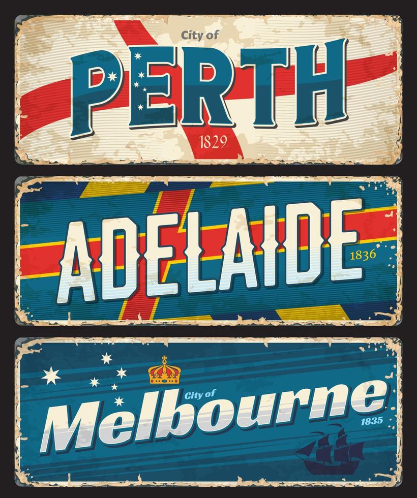 Perth, Adelaide, Melbourne, Australia travel plate vector