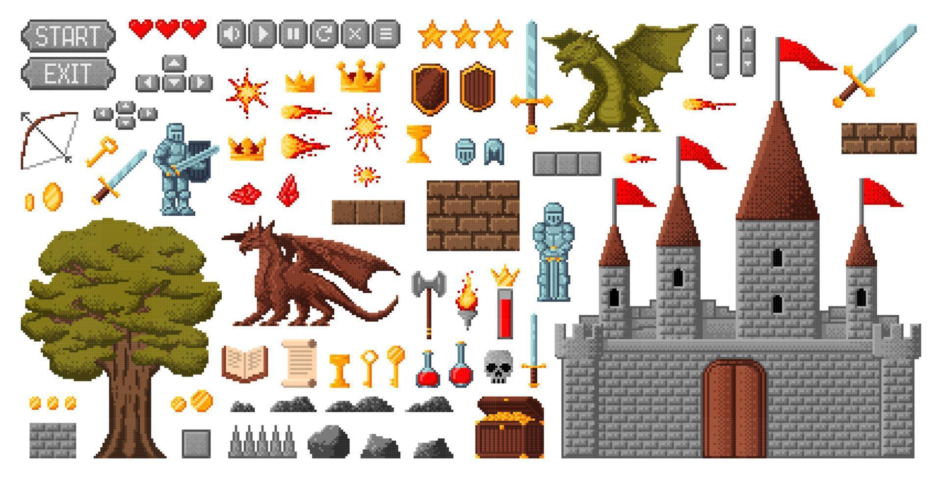 activo de juego de píxeles de 8 bits, caballeros medievales, castillo vector