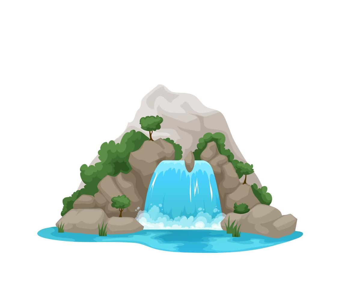 Cartoon river waterfall with trees, water cascade vector