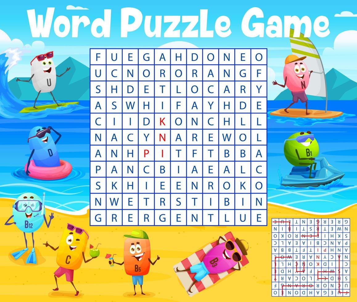 Word search puzzle game with vitamins on beach vector