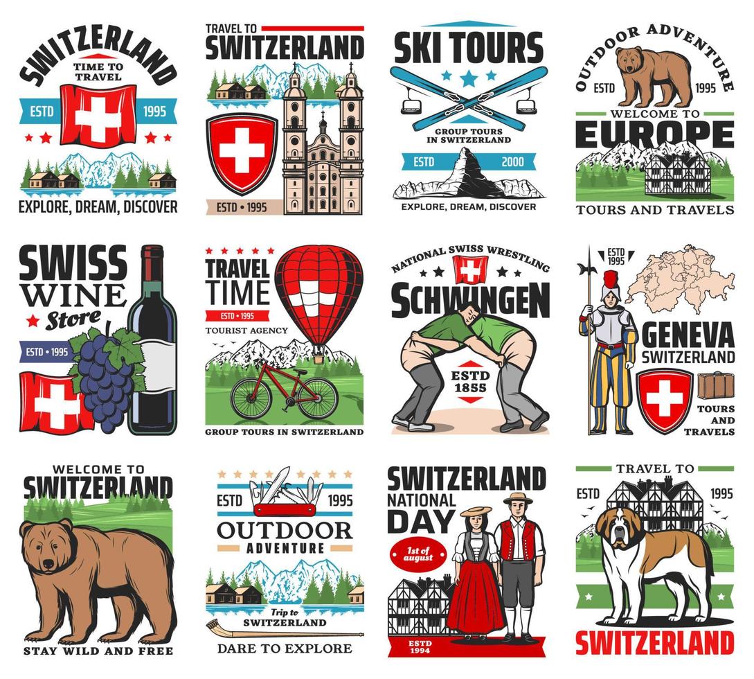 Switzerland travel, swiss culture symbols icons vector