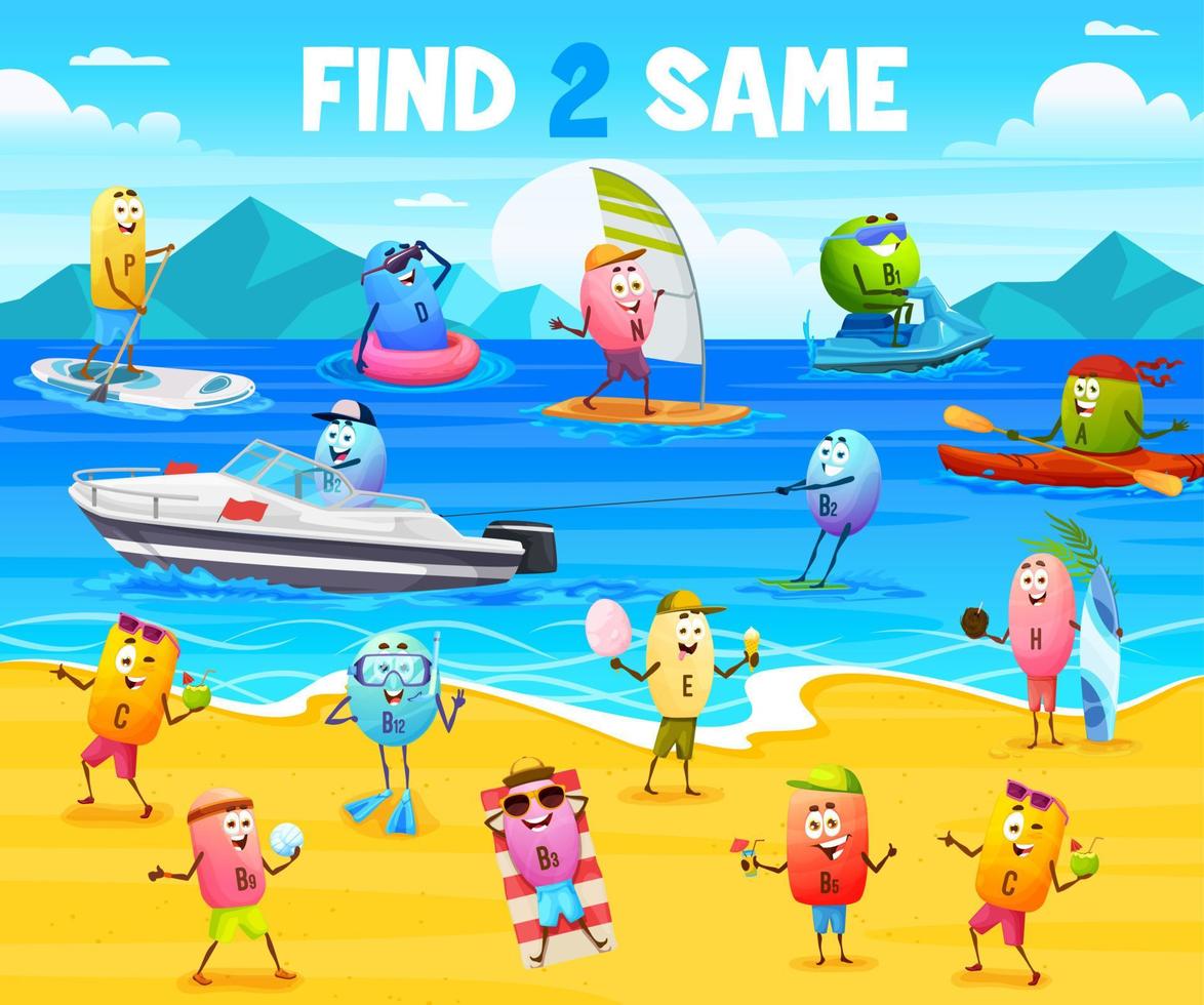 Find two same cartoon vitamin characters vector