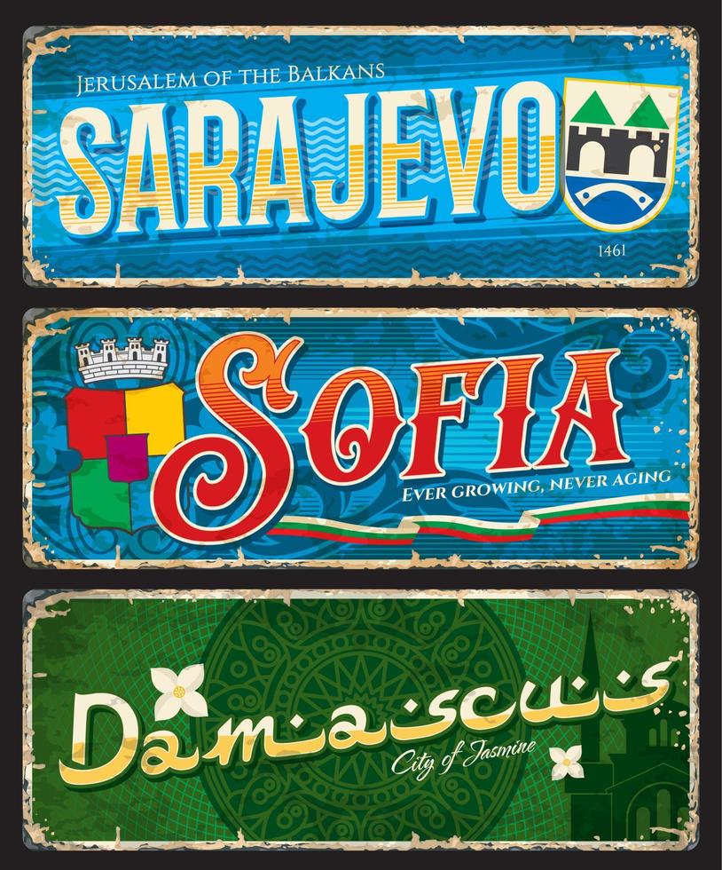 Sarajevo, Sofia, Damascus travel city plates vector