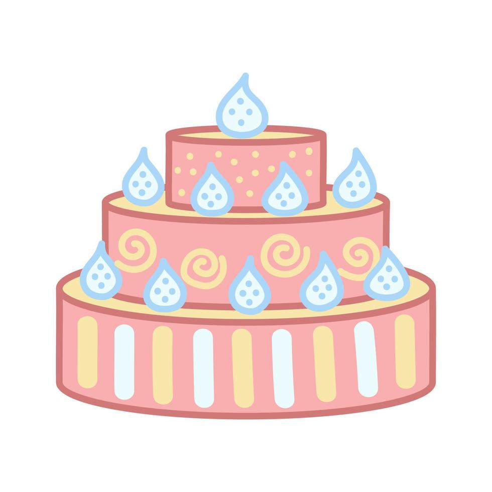 Big cake with pink icing. Cartoon style. Cute vector illustration isolated on white background.