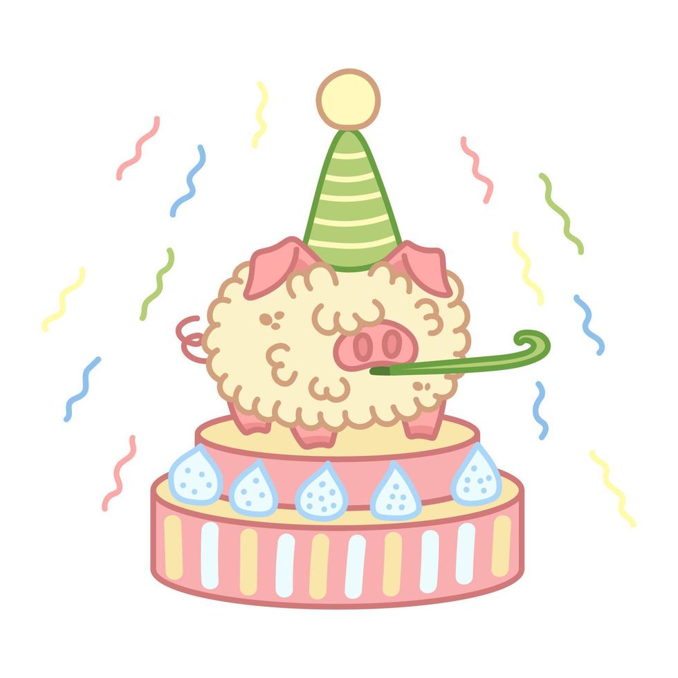 cerdo esponjoso parado en un gran pastel. tiempo de fiesta. el personaje kawaii está celebrando con confeti. ilustración vectorial aislado sobre fondo blanco. vector