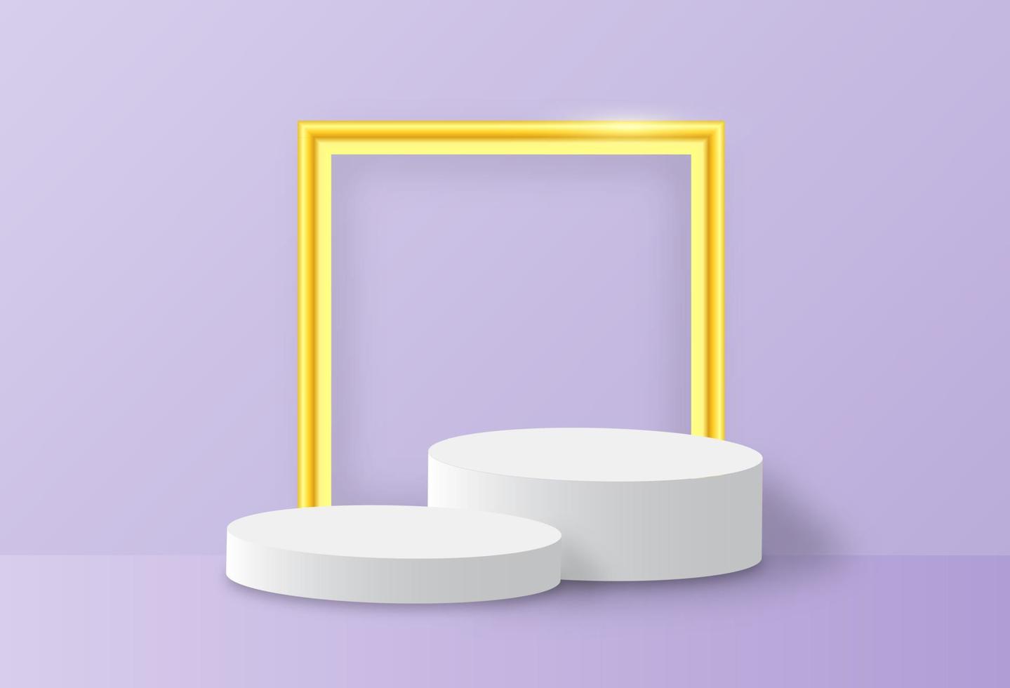 Geometric podium platform with golden frame. Commercial pedestal in purple pastel background. vector