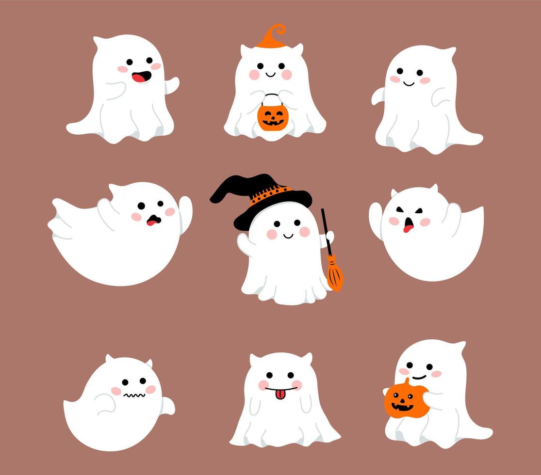 fantasma de halloween con colección de disfraces. lindo personaje espeluznante de dibujos animados. vector