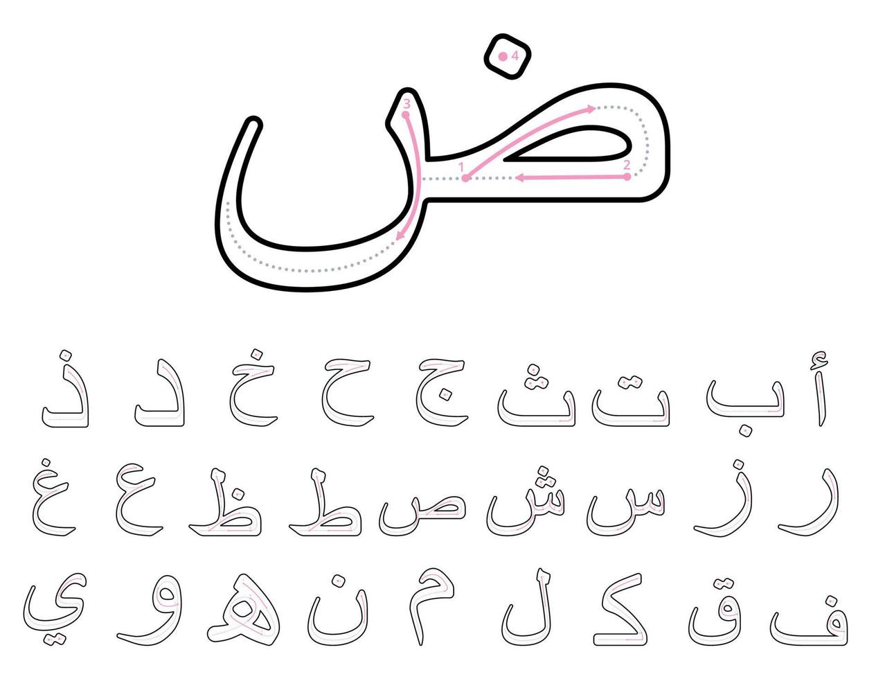 How to write arabic letters with tracing guide for kids vector