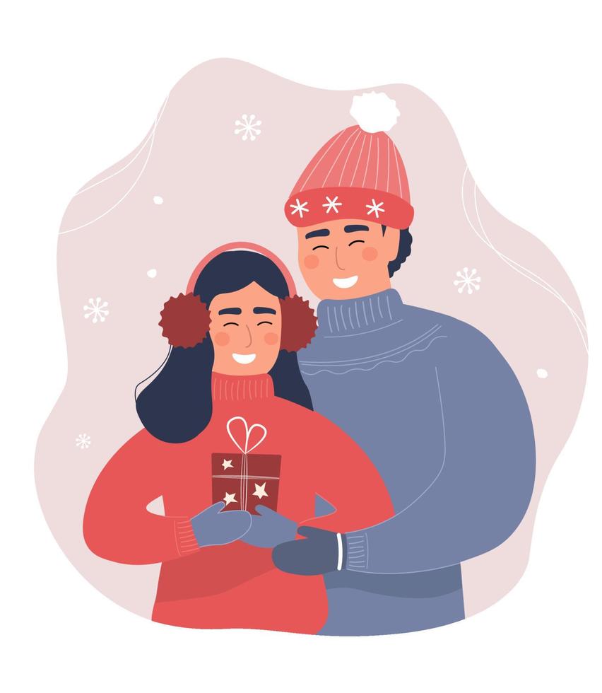 A guy gives a Christmas gift to a girl. A couple in love. New Year's shopping. Vector graphics.