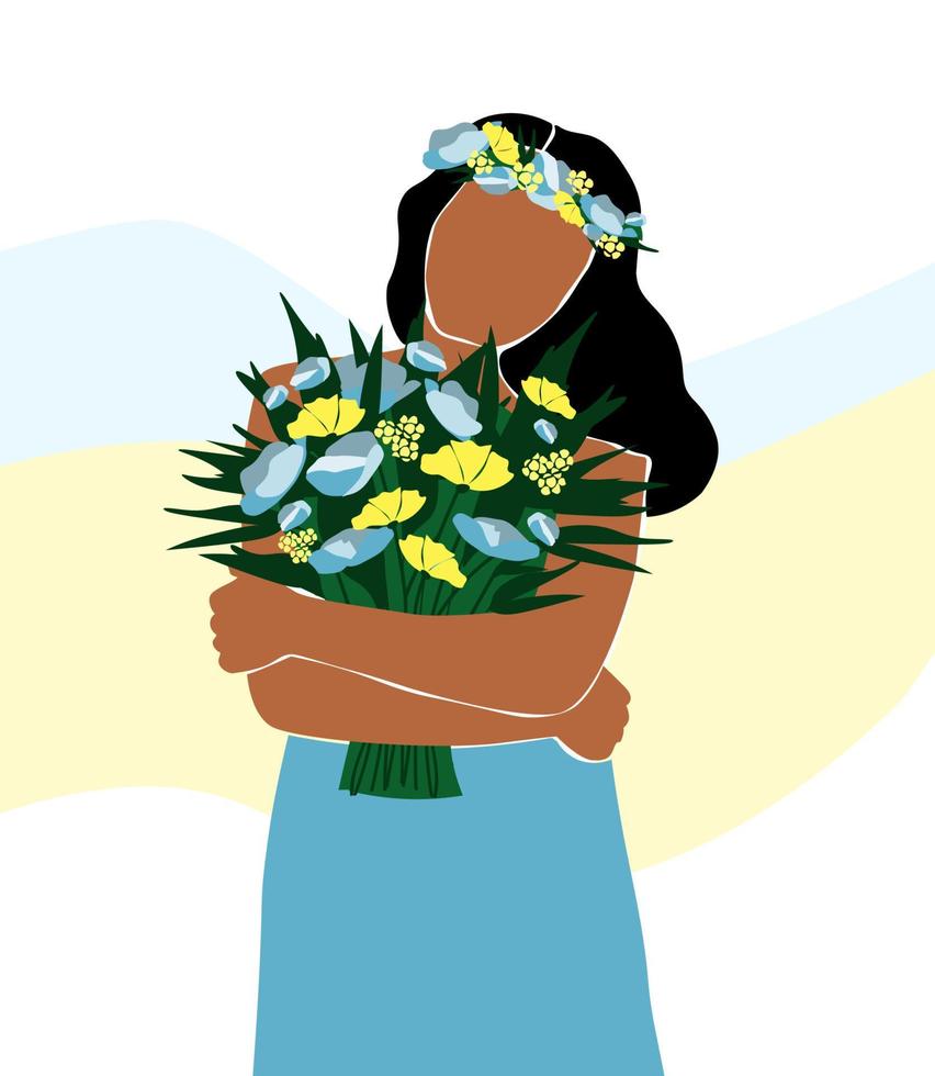 Portrait abstract silhouette of a young beautiful girl with a bouquet in her hands with long hair in a summer dress. A woman with flowers. Vector graphics.