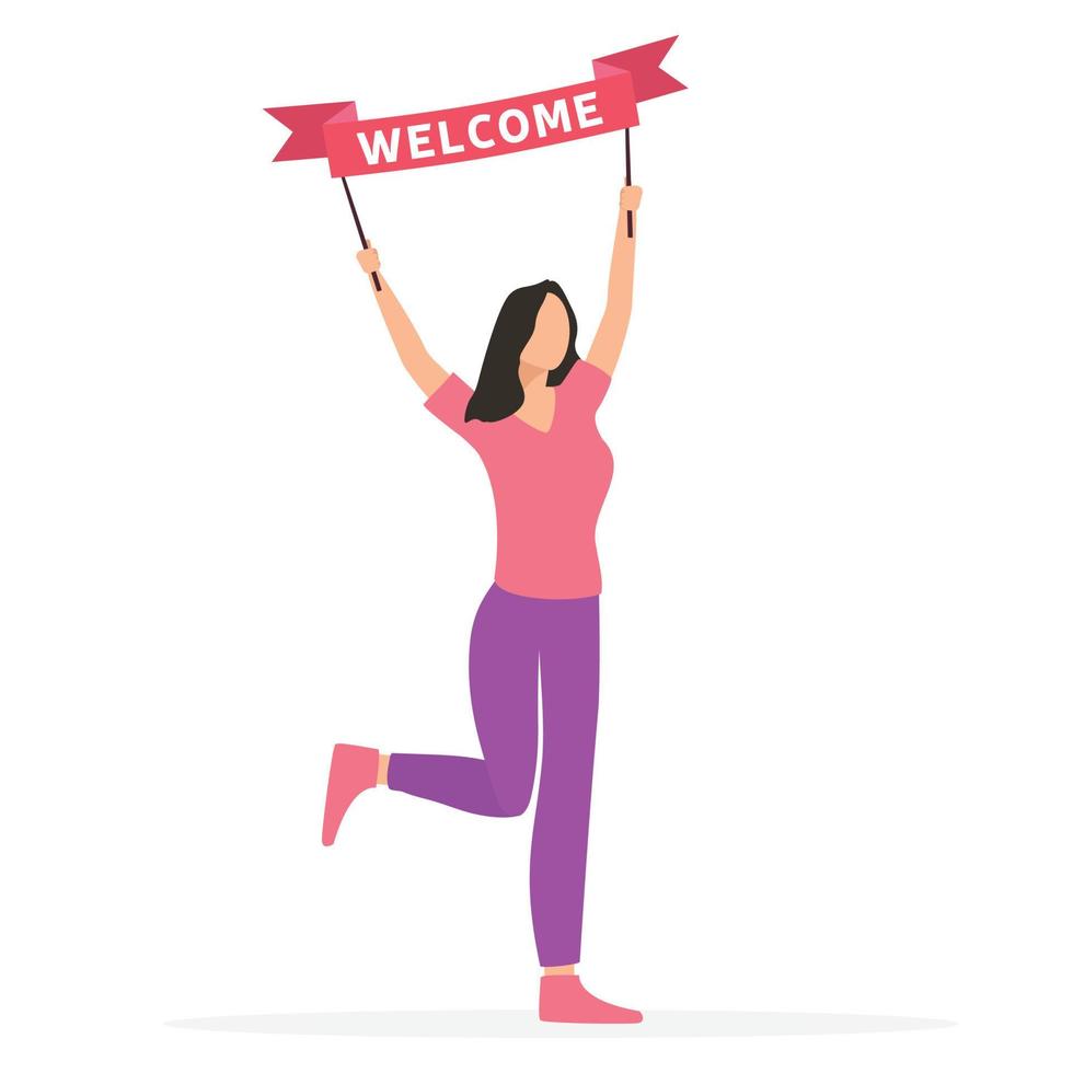 mujer con banner de bienvenida. chica toma la cinta de bienvenida. ilustración vectorial vector