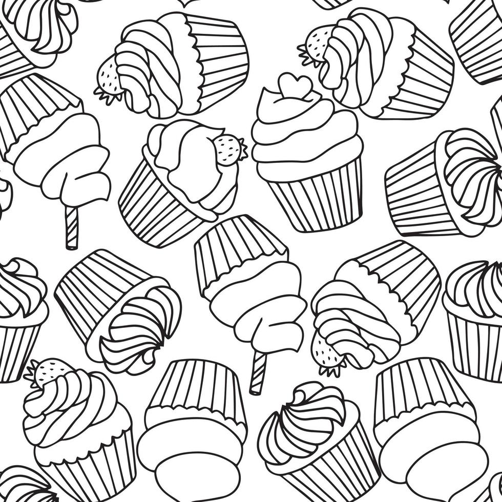 Seamless pattern with cupcake black white. Hand draw line art outline vector illustration