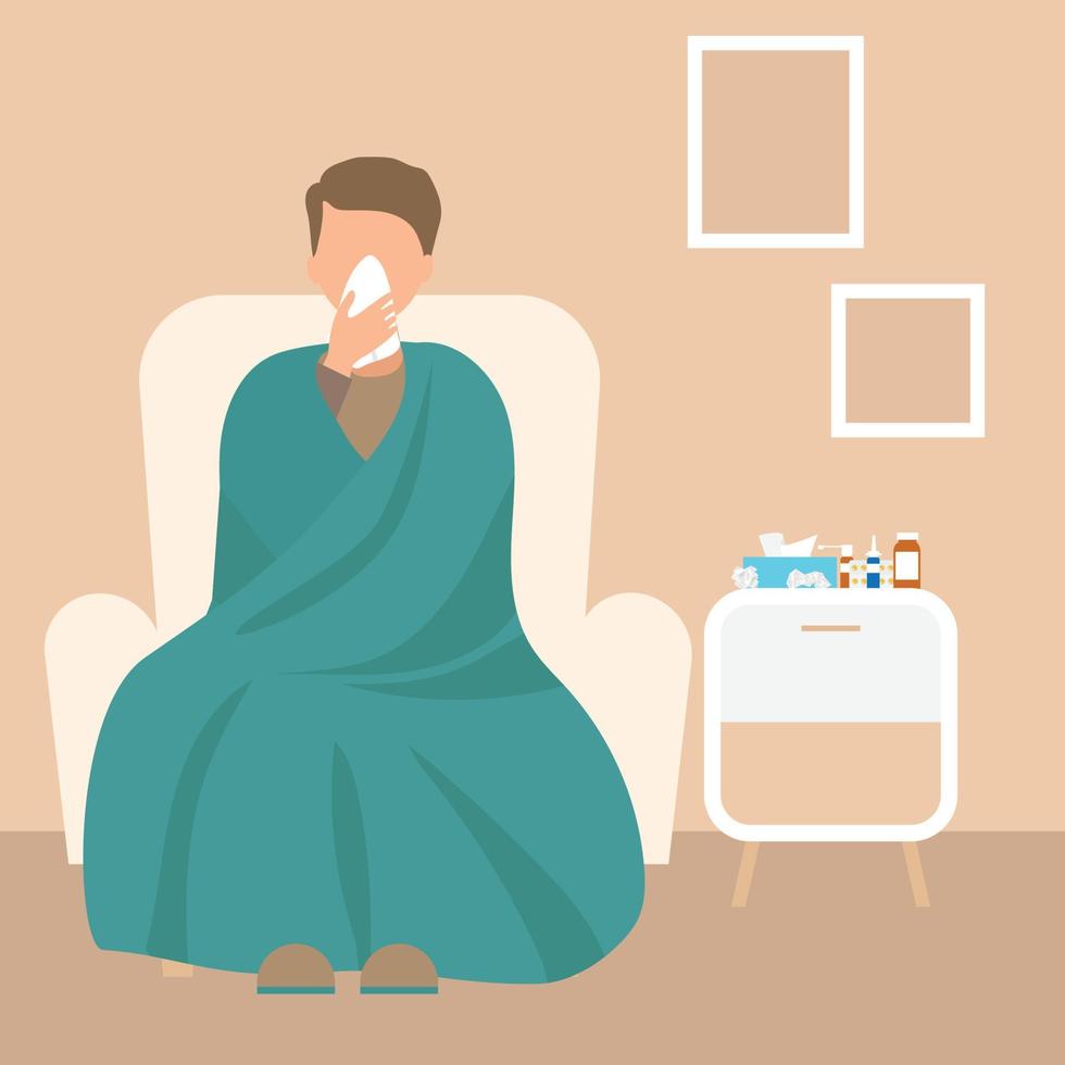 Flu or cold, man with napkin on armchair with cover. Vector illustration