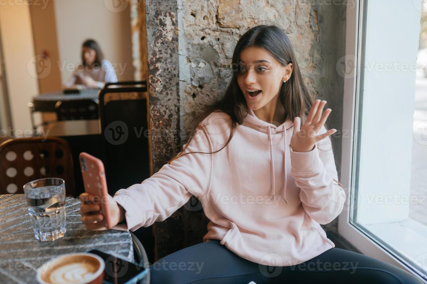 Young beauty woman make selfie for self smartphone. photo