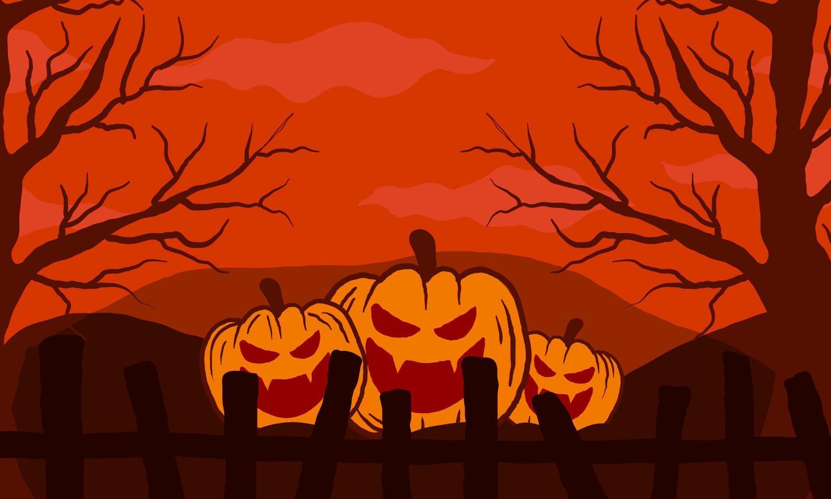 calabaza monstruosa en silueta de halloween aterradora. fondo de escena nocturna de halloween. vector