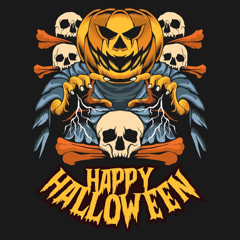 feliz halloween, diseño de camiseta de halloween de calavera, fondo de ilustración de halloween espeluznante vector