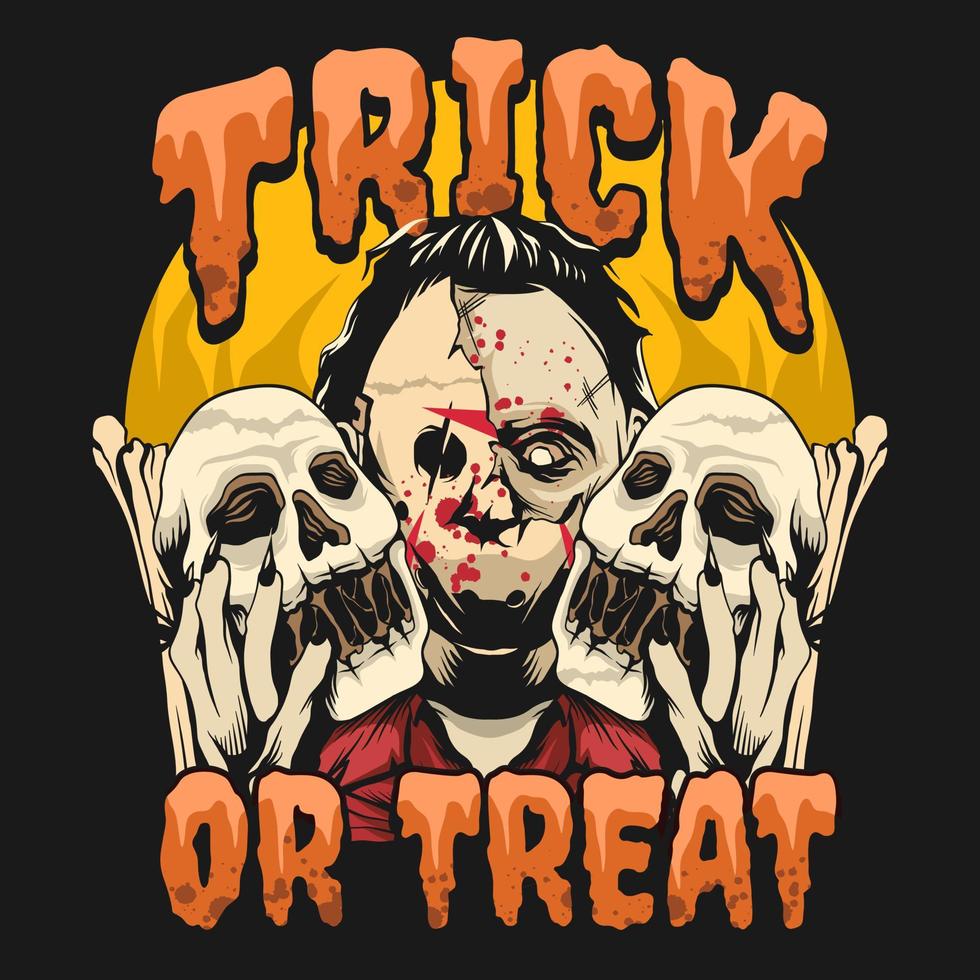 truco o trato, diseño de camiseta de halloween, fondo de ilustración espeluznante de halloween vector