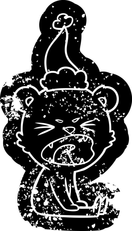 angry cartoon distressed icon of a bear wearing santa hat vector