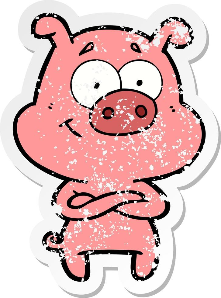 distressed sticker of a happy cartoon pig vector