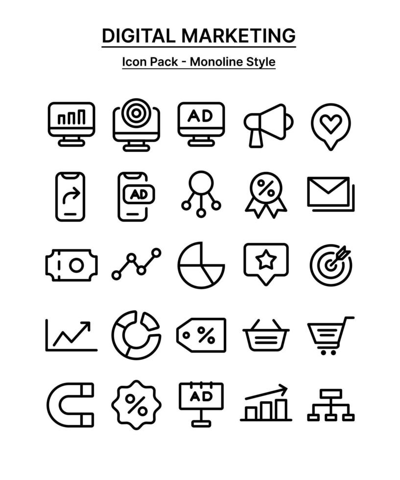 paquete de iconos de marketing digital monoline vector