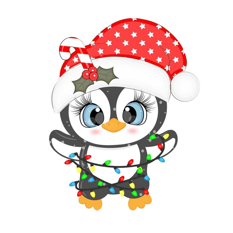 Cute penguin in a hat Christmas vector illustration