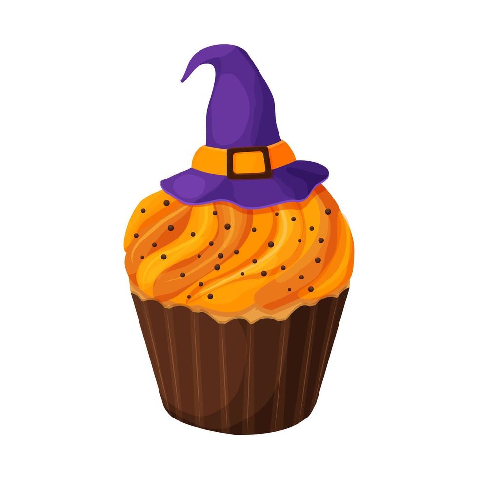 Cupcake Halloween witch hat on orange cream dessert in cartoon style isolated on white background. Vector illustration