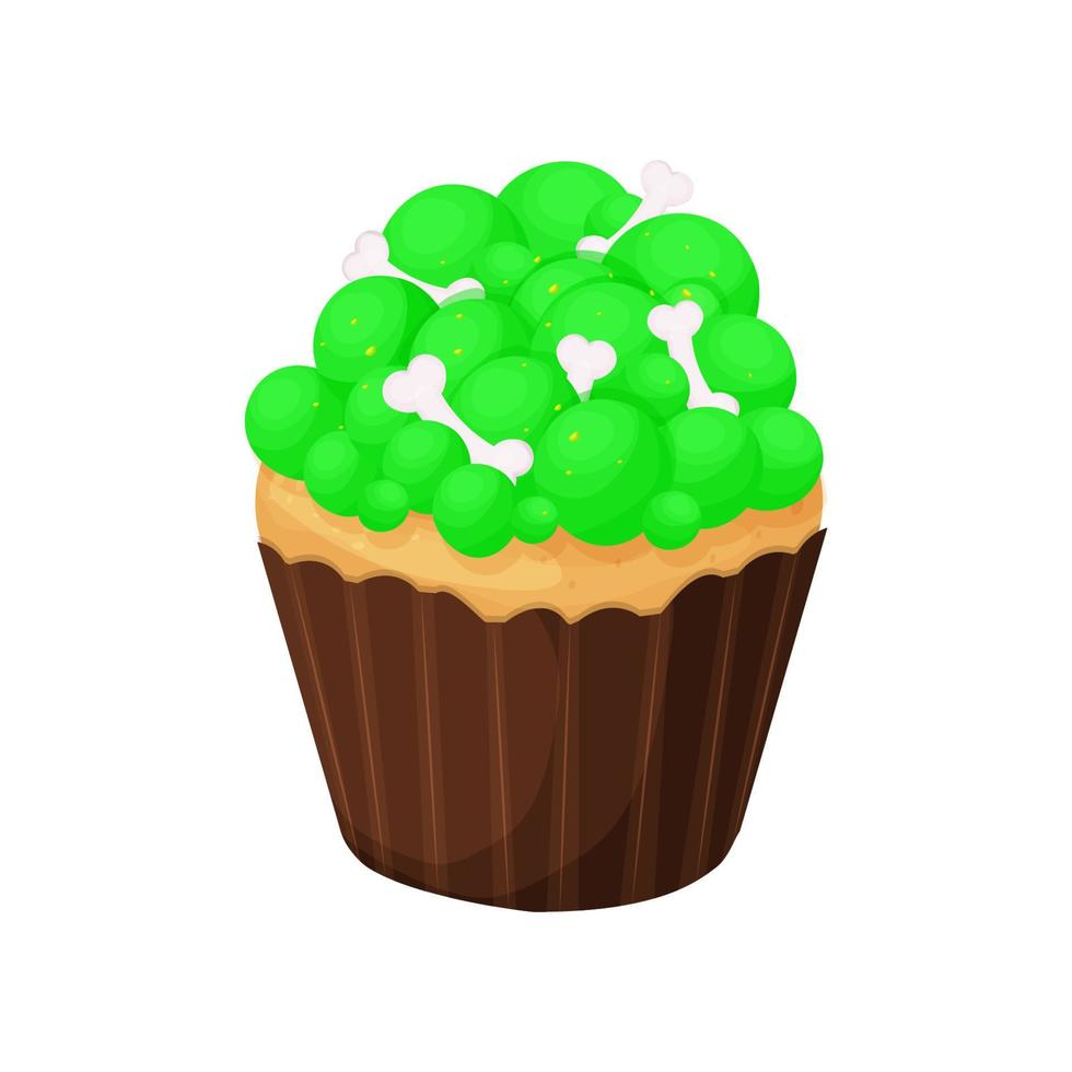 Cupcake Halloween dessert with green bubbles and skeleton bones in cartoon style isolated on white background. Vector illustration