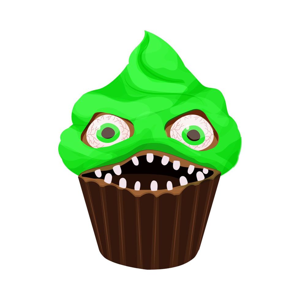 postre de monstruo de halloween cupcake con cara de miedo, dientes, ojos en estilo de dibujos animados aislado sobre fondo blanco. ilustración vectorial vector