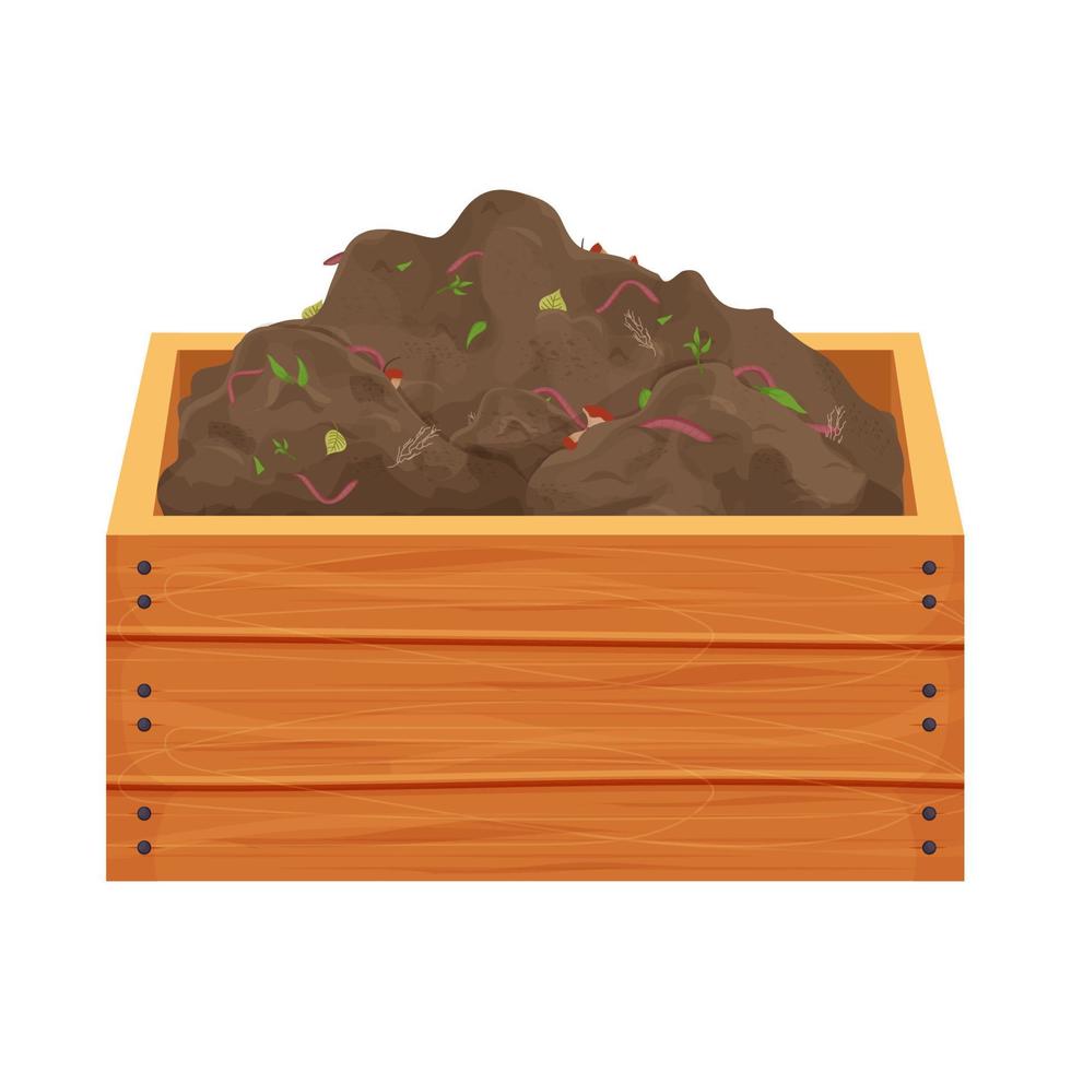 Compost pile with organic garbage and earthworms in wooden box in cartoon style isolated on white background. Recycle process, gardening. Vector illustration