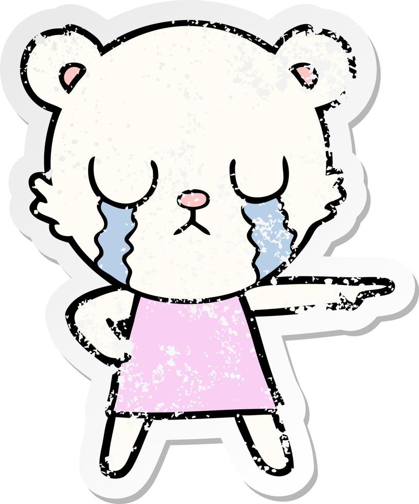 distressed sticker of a crying polar bear in dress pointing vector