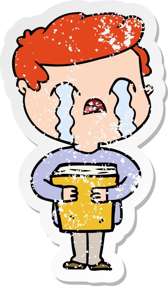 distressed sticker of a cartoon man crying holding book vector