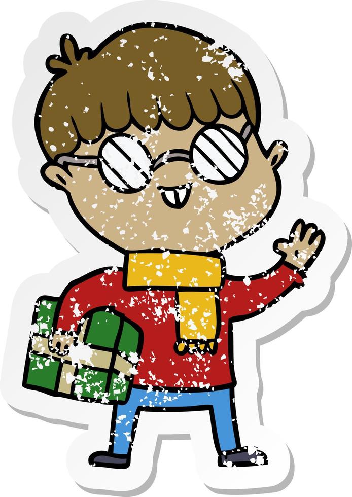 distressed sticker of a cartoon boy wearing spectacles vector