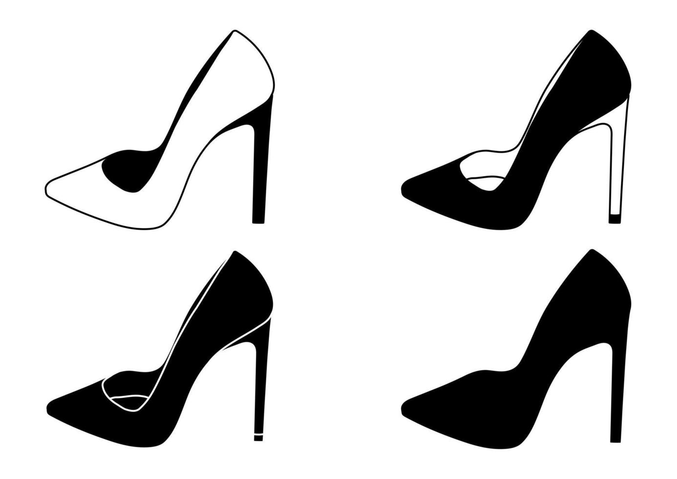 Set of outline black and white silhouette of women shoes with heels, stilettos, model, accessory. vector