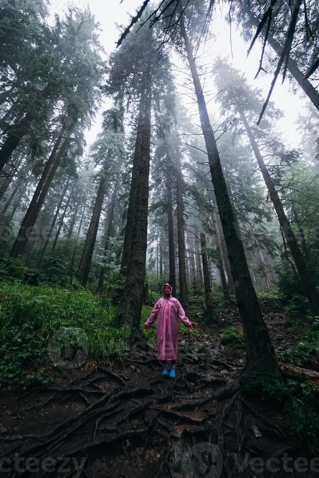 mujer joven en un impermeable camina por el bosque bajo la lluvia foto