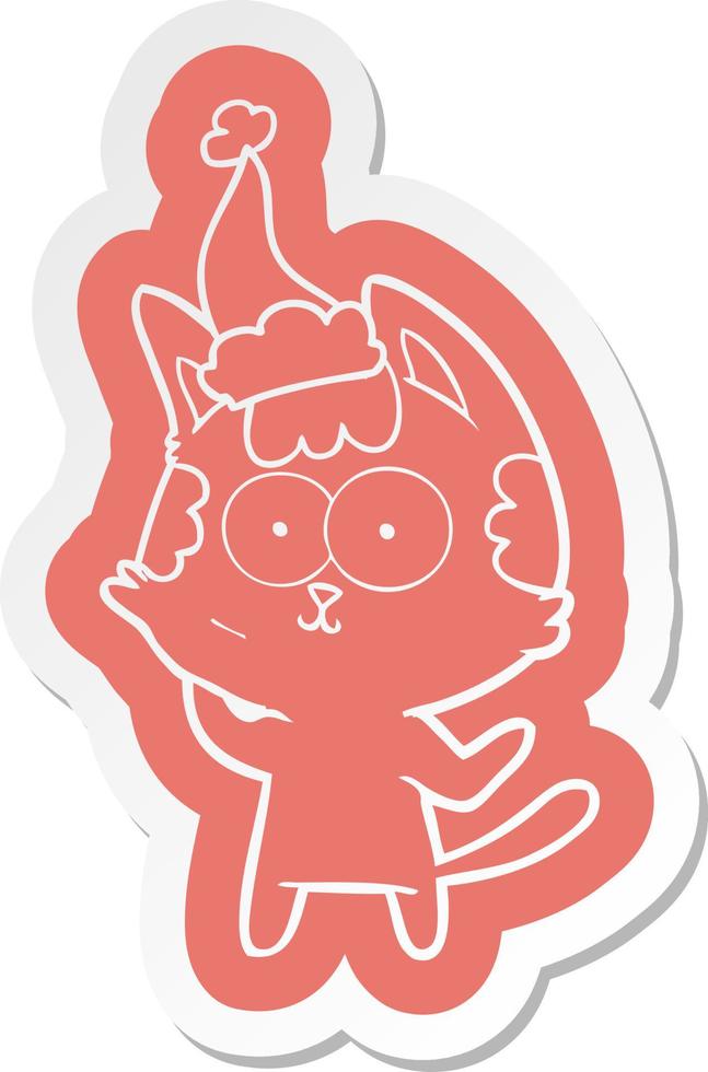 happy cartoon  sticker of a cat wearing santa hat vector