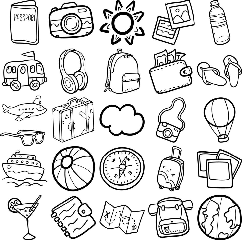 Travel Hand Drawn Doodle Line Art Outline Set vector