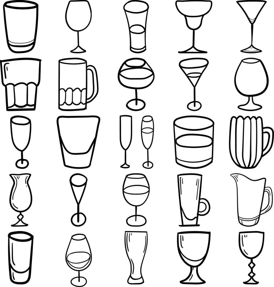 Glass Hand Drawn Doodle Line Art Outline Set vector