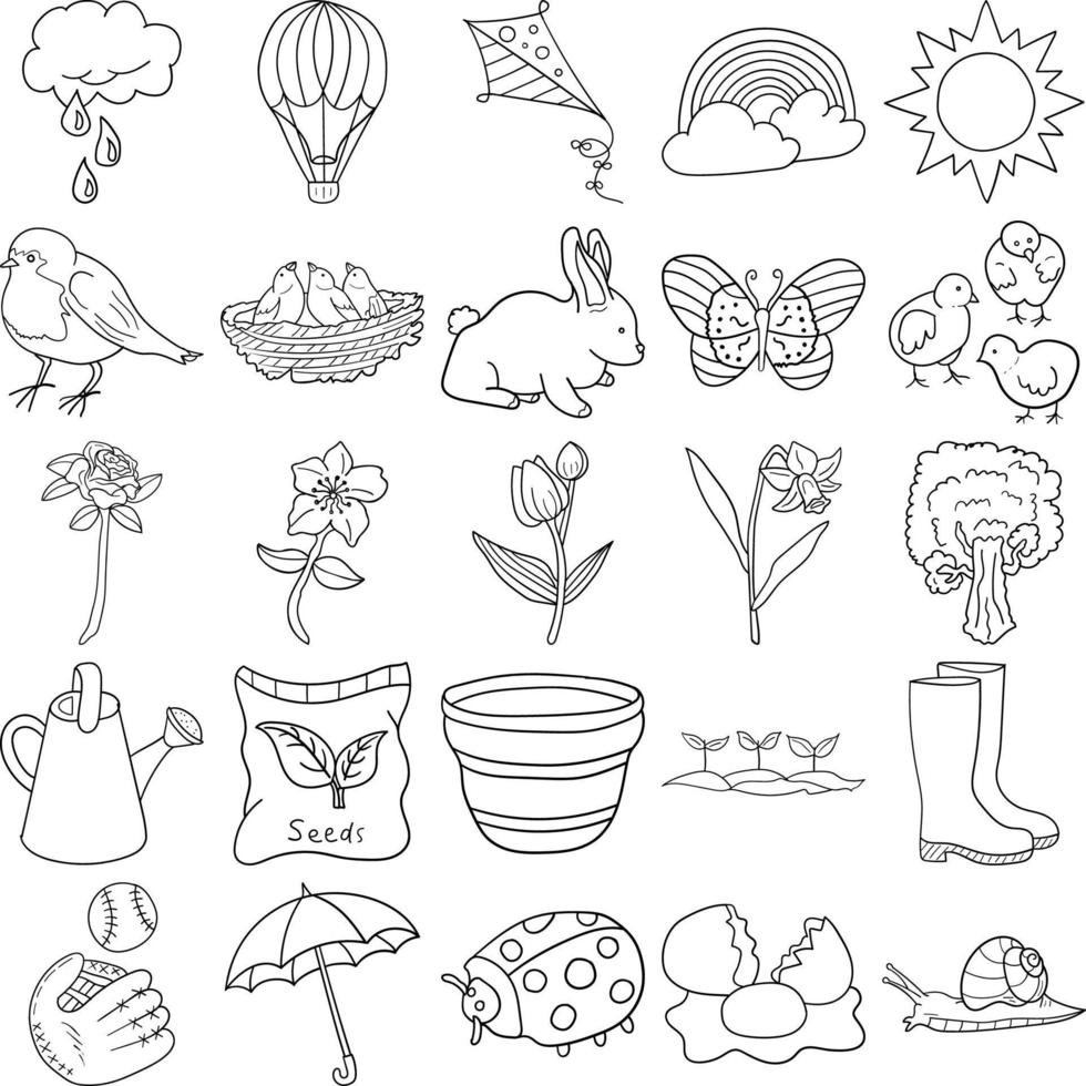 Spring Hand Drawn Doodle Line Art Outline Set vector