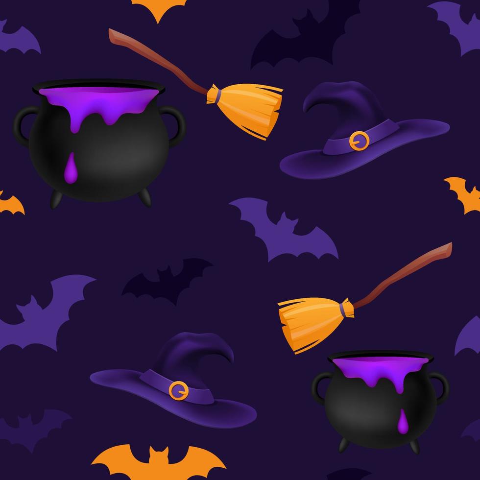 Halloween orange and purple festive seamless pattern. Endless background with bats, witch magic cauldron with potion, hat, broomstick, wizard staff. Template design for decoration vector